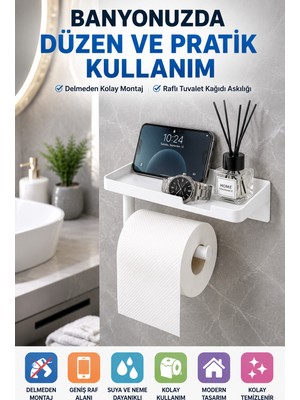 Open City Beyaz Yapışkanlı Raflı Tuvalet Kağıdı Askılığı Delmeden Montaj Banyo Organizer Telefon Rafı Askısı