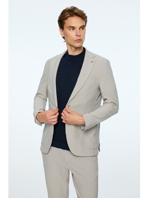 Morven  Erkek Gri Poliviskon Trend Çizgili Slim Fit Mono Yaka Takım Elbise