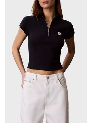 Calvin Klein Pamuklu Logolu Slim Fit Fermuarlı Dik Yaka Top LV047G240GCEF Bayan Top LV047G240G Cef