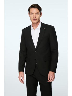 Morven  Erkek Siyah Yünlü Düz Slim Fit Sivri Yaka Takım Elbise