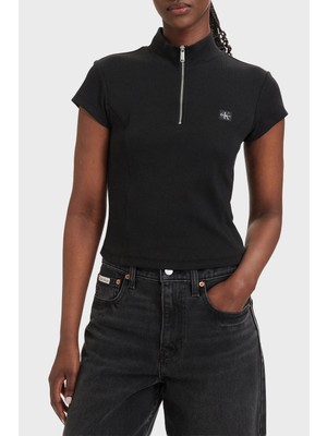 Calvin Klein Pamuklu Logolu Slim Fit Fermuarlı Dik Yaka Top LV047G240GUB1 Bayan Top LV047G240G Ub1