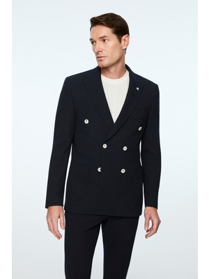Morven  Erkek Lacivert Poliviskon Trend Desenli Slim Fit Sivri Yaka Kruvaze Takım Elbise
