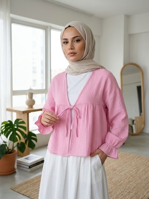 Foremia Önü Bağlamalı Kısa Kimono-Pembe -