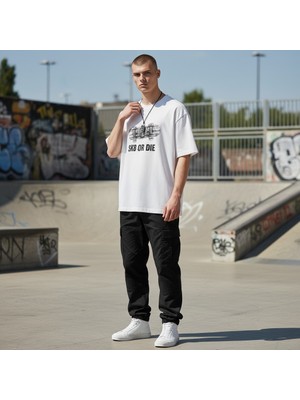 Hedea Skateboard Kaykay ve Kurukafa Detaylı Krom Kaplama Kolye - Ayarlanabilir Siyah Yağlı Koton Kaykaycı Kolye