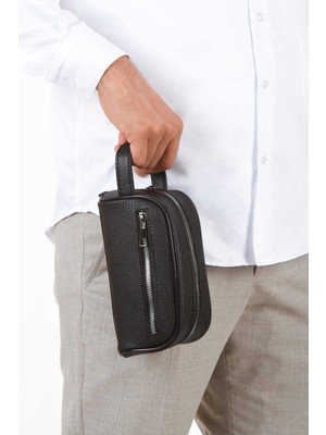 Viatox Np- 2213 Mini Erkek Vegan Deri Portföy Clutch Traş Kozmetik Bakım ve Günlük El Çantası Siyah