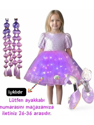 Payetli Mor Işıklı Elbise Kostüm + Mor Bubble Saç + Mor Topuklu Ayakkabı Seti Kuromi Düğün Parti Satıcının Ortalama Ürün Puanı  4.7