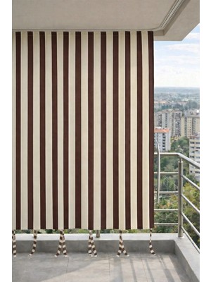 Devrim Olivya Tekstil Kahve-Krem Balkon Perdesi Kornişli Bağcıklı Su Geçirmez Dış Mekan Dayanıklı Modern Balkon Brandası