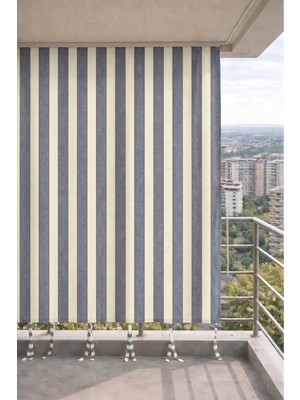 Devrim Olivya Tekstil Gri-Krem Balkon Perdesi Kornişli Bağcıklı Su Geçirmez Dış Mekan Dayanıklı Modern Balkon Brandası