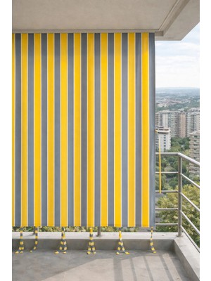 Devrim Olivya Tekstil Sarı-Gri Balkon Perdesi Kornişli Bağcıklı Su Geçirmez Dış Mekan Dayanıklı Modern Balkon Brandası