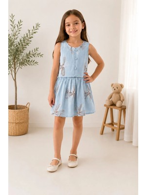 Kids Çocuk Kız Çocuk Yelek Etek Takım 2’li Set Işlemeli Yelek Müslin Kumaş Lastikli Etek Yazlık Şık Kombin 3-9 Yaş