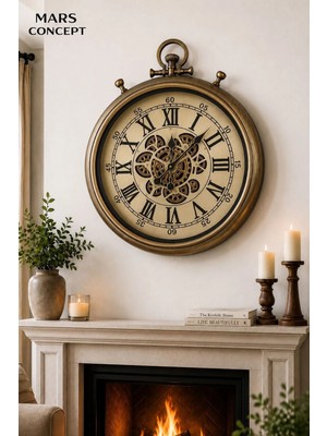 Mars Concept Büyük Boy Köstekli Hareketli Çarklı Duvar Saati │ Eskitme Altın Metal Kasa Vintage Salon Saati 52CM