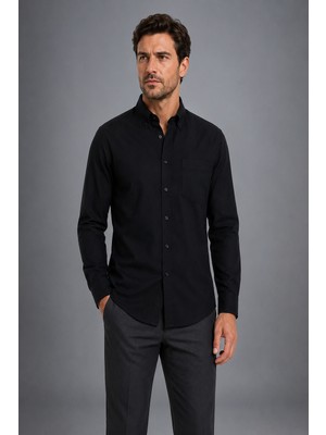 Bisse Siyah Regular Fit Keten Cepli Paşa Yaka Gömlek GMKTN3PS224003_D99