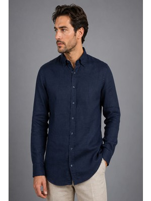 Bisse Lacivert Regular Fit Keten Gömlek GMKTN4PAL224020_D39