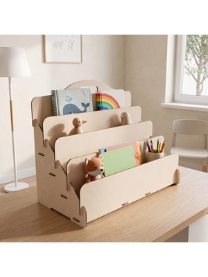 Simux Carry Montessori 4 Raflı Ahşap Mini Kitaplık -Çocuk Odası Kitaplık - Masaüstü Mini Kitaplık
