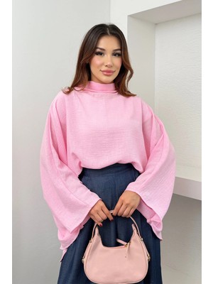 Hatun Atila Kadın Fularlı Yaka Asimetrik Yarasa Kol Salaş Panço Bluz 6019 - Pembe