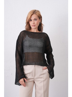 lovebox Siyah Triko Kumaş Örgü Desenli Uzun Kollu Crop Bluz 3200