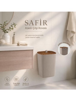 Okyanus Home Safir Yapışkanlı Asılabilir Çöp Kovası Ahşap Detaylı Vizon