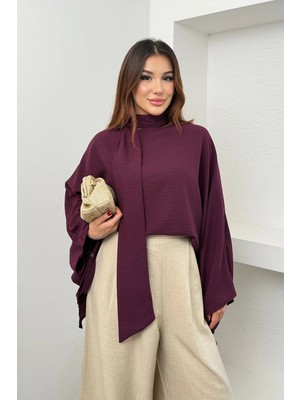Hatun Atila Kadın Fularlı Yaka Asimetrik Yarasa Kol Salaş Panço Bluz 6019 - Mürdüm