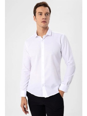 Süvari Beyaz Slim Klasik Yaka Düz Pike Torba Cep Manşetli Uzun Kollu Casual Gömlek