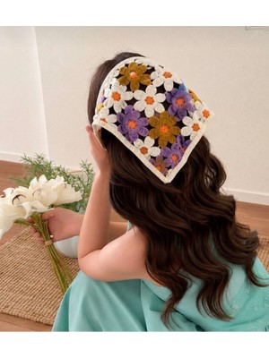 Örgü Üçgen Bandana Papatya Saç Bandı Kadın Genç Kız Çocuk Yazlık Bohem Vintage Kore Tarzı Ay Çiçek