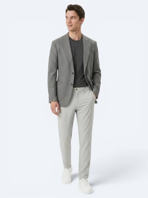 Kip Gri Desenli Comfort Fit Yün Karışımlı Ceket