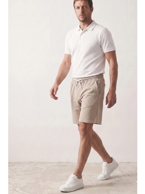 elemge Bej Dokulu Kumaş Rahat Kalıp Beli İpli Erkek Şort Günlük Basic Regular Fit Cepli Normal Bel Esnek Bermuda İnce Soft Touch