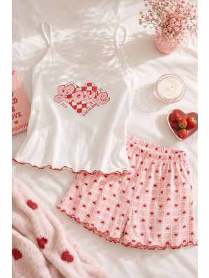 Koza İç Giyim Kadın Ince Askılı Desenli Pamuklu Şortlu Pijama Takımı