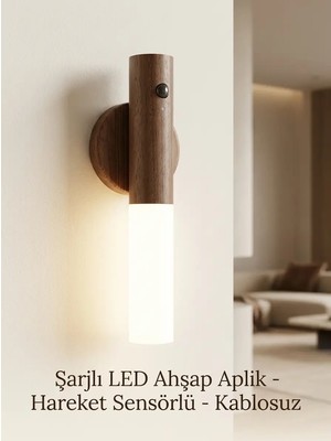Eco Lounge Kablosuz Ahşap Renk LED Duvar Lambası Şarjlı Hareket Sensörlü Günışığı Lüks Aplik
