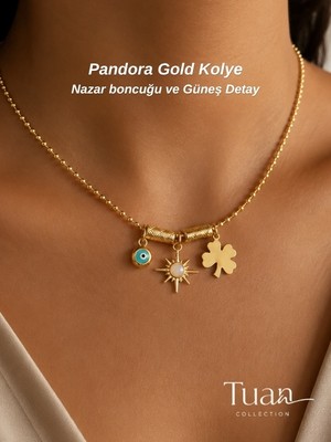 Tuan Collection Charm Model Kolye Güneş Nazar Boncuğu Şans Yoncası Figür Gold Renk Çelik 3 Figür