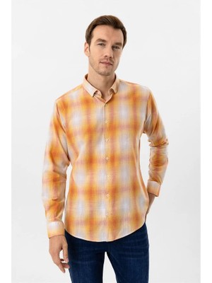Süvari Turuncu Slim Düğmeli Yaka Casual Gömlek