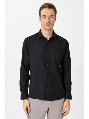 Süvari Siyah Slim Klasik Yaka Düz Casual Gömlek