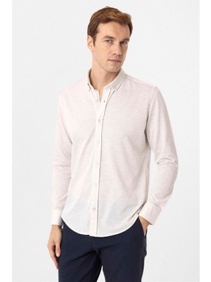 Süvari Ekru Slim Düğmeli Yaka Manşetli Casual Gömlek