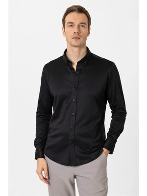 Süvari Siyah Slim Düğmeli Yaka Manşetli Casual Gömlek