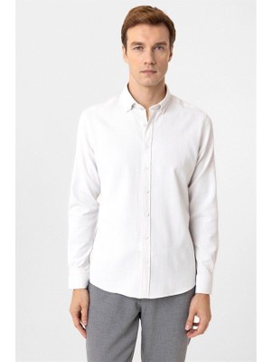 Süvari Ekru Slim Düğmeli Yaka Casual Gömlek