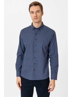 Süvari Lacivert Slim Düğmeli Yaka Düz Casual Gömlek