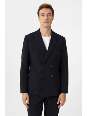 Süvari Lacivert Slim Kruvaze Yaka Düz Torba Cep 6 Drop Takım Elbise