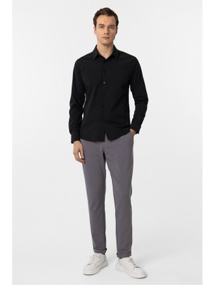 Süvari Siyah Slim Klasik Yaka Düz Casual Gömlek
