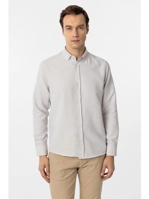 Süvari Ekru Slim Düğmeli Yaka Casual Gömlek
