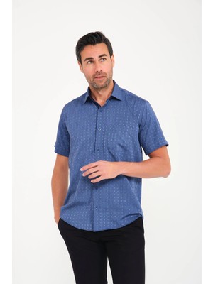 Fitmens Klasik Kısa Kol Açık Zemin Kutu Desen Keten Cotton Hediye Kutulu Erkek Gömlek FS-000745 - Koyu Lacivert