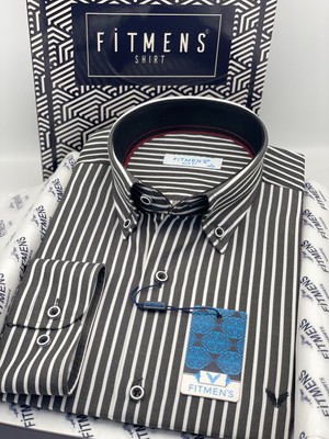Fitmens Slim Fit Uzun Kol Premium Kalın Çizgili Yaka Düğmeli Hediye Kutulu Kolay Ütülenebilir Erkek Gömlek FS-001375 - Siyah