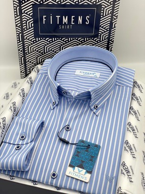 Fitmens Slim Fit Uzun Kol Premium Kalın Çizgili Yaka Düğmeli Hediye Kutulu Kolay Ütülenebilir Erkek Gömlek FS-001375 - Açık Mavi