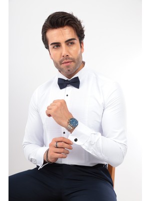 Fitmens Slim Fit Uzun Kol Soft Saten Smokin Damatlık Erkek Hediye Kutulu Gömlek FS-001947 - Beyaz Lacivert