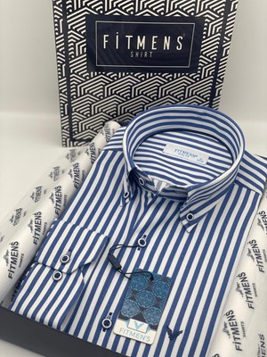 Fitmens Slim Fit Uzun Kol Likralı Çizgili Yaka Düğmeli Hediye Kutulu Erkek Gömlek FS-003669 - İndigo