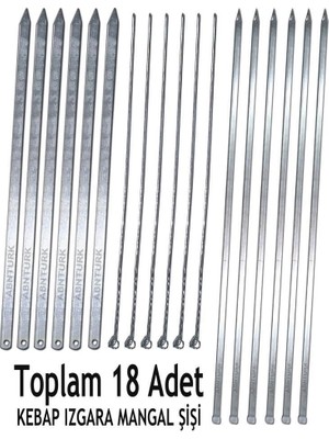18 Parça Farklı Boyut ve Özelliklerde Barbekü Mangal Şiş Set, 6 Adana+6 Şiş Kebap+6 Tavuk Ka