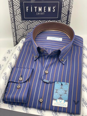 Fitmens Slim Fit Uzun Kol Premium Çizgili Yaka Düğmeli Hediye Kutulu Erkek Gömlek FS-004334 - Lacivert Kahve