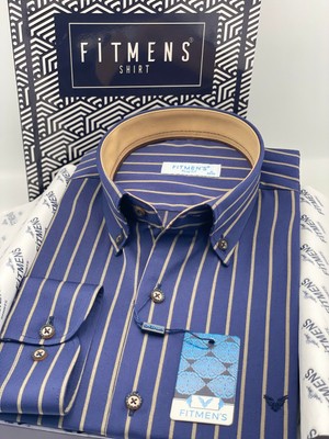 Fitmens Slim Fit Uzun Kol Premium Çizgili Yaka Düğmeli Hediye Kutulu Erkek Gömlek FS-004335 - Lacivert Bej