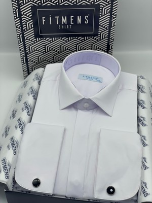 Fitmens Slim Fit Uzun Kol Gizli Düğmeli Likralı Smokin Damatlık Erkek Gömlek FS-004296 - Beyaz