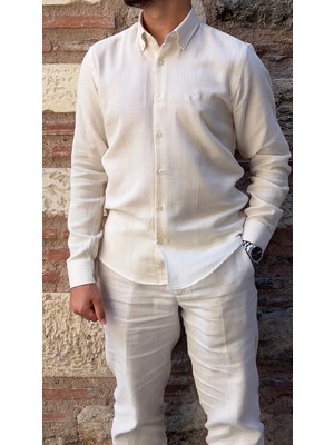 Fitmens Slim Fit Uzun Kol Müslin Pamuk Rahat Nefes Alabilen Kumaştan Yaka Düğmeli Hediye Kutulu Erkek Gömlek FS-004202 - Krem