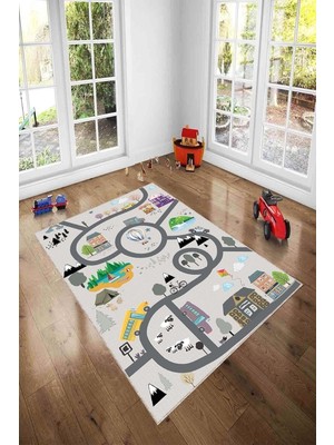 Kaymaz Tabanlı Makinede Yıkanabilir Otoyollu Çocuk Halısı AR1133, Vizon, 80 x 120