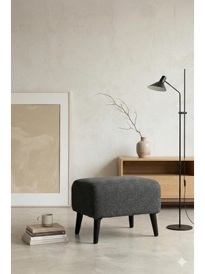 Coart Home Minimalist Iskandinav Tarz Puf, Antrasit Gri, 48X40X38 Cm, Keten Kumaş, Ahşap Ayaklı,